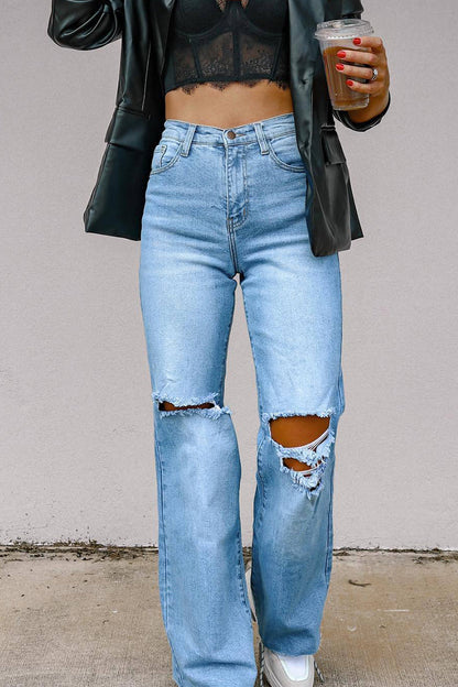 Antmvs Street Solid Ripped High Waist Regular Denim Jeans