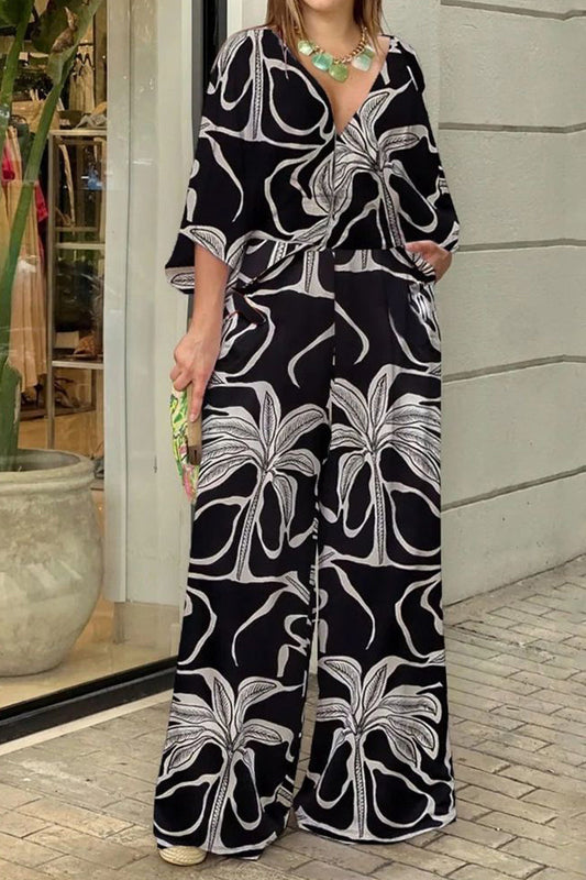 Antmvs Casual Floral Printing V Neck Loose Jumpsuits