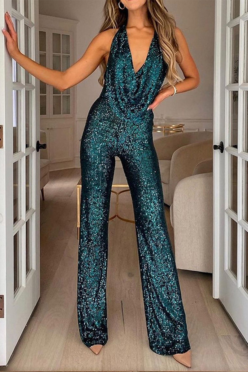 Antmvs Daily Solid Sequin Halter Sleeveless Bootie Jumpsuit(5 Colors)