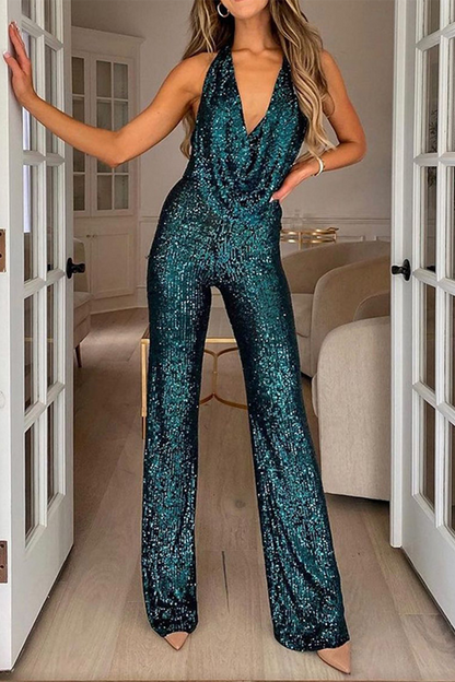 Antmvs Daily Solid Sequin Halter Sleeveless Bootie Jumpsuit(5 Colors)