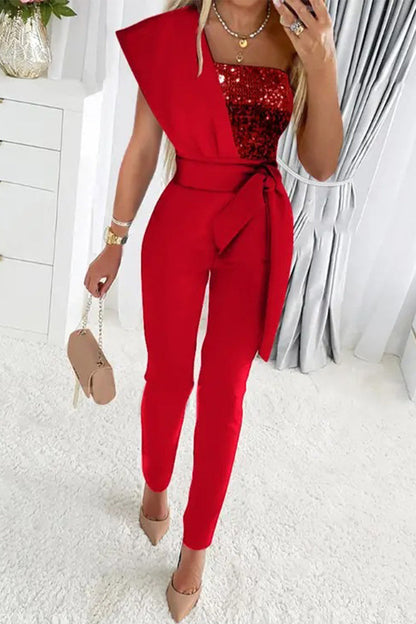 Antmvs Sweet Elegant Patchwork Sequins Asymmetrical Collar Regular Jumpsuits