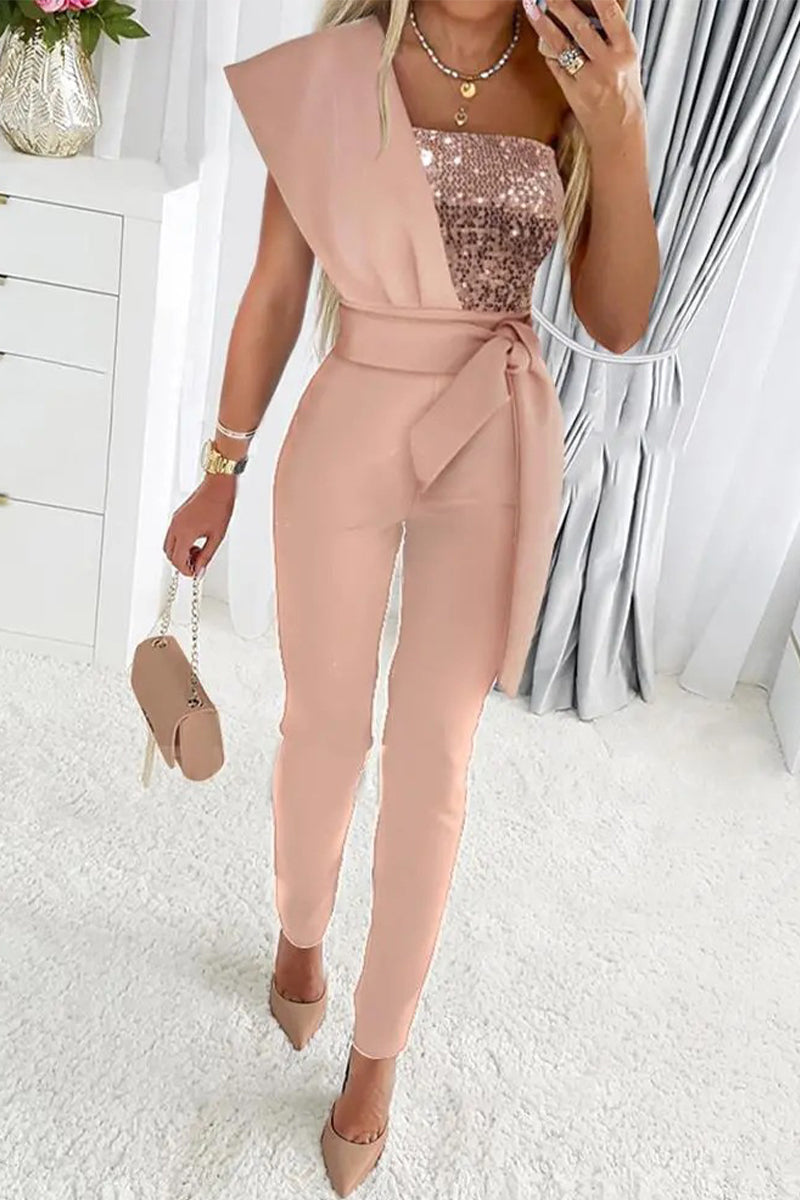 Antmvs Sweet Elegant Patchwork Sequins Asymmetrical Collar Regular Jumpsuits