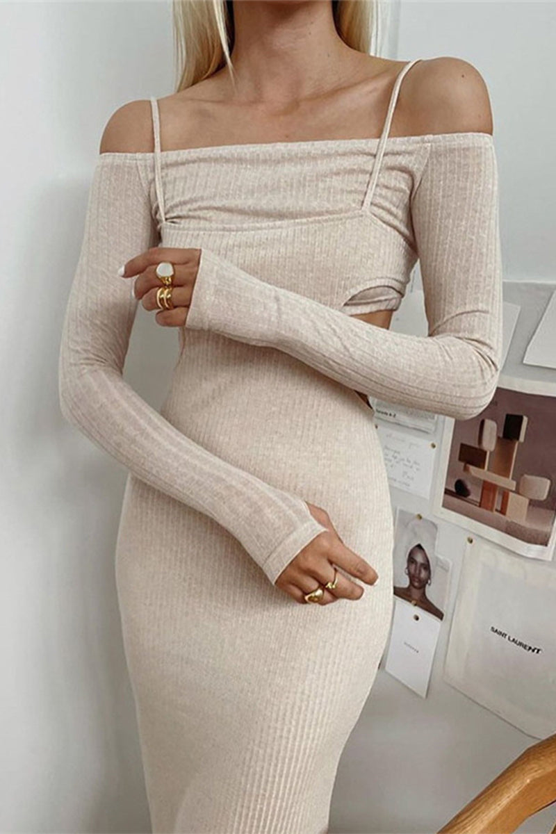 Antmvs Sweet Elegant Solid Hollowed Out Asymmetrical Off the Shoulder Long Sleeve Two Pieces