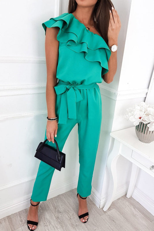 Antmvs Sweet Elegant Solid Flounce Oblique Collar Regular Jumpsuits