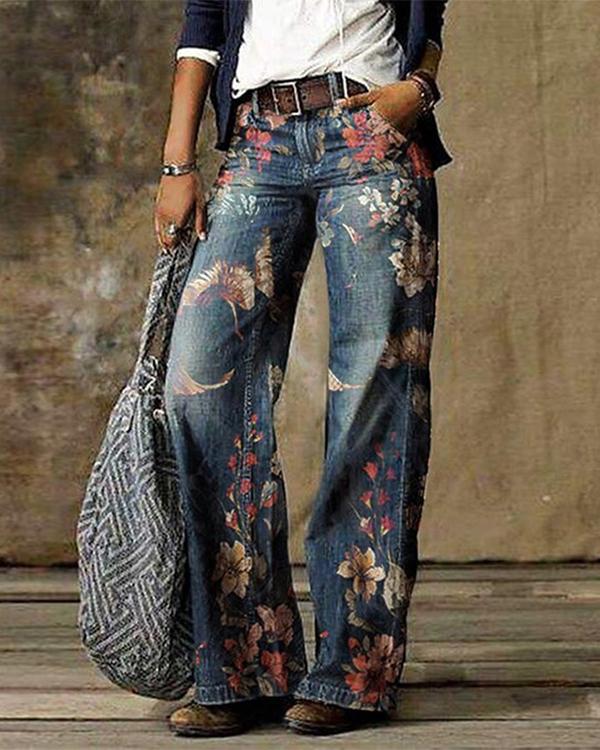 Antmvs Blue Floral Casual Print Pants