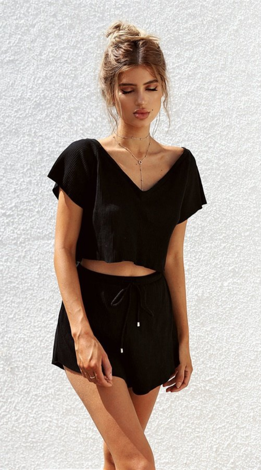 Antmvs Solid Black Knit Crop Top and Shorts Matching Sets