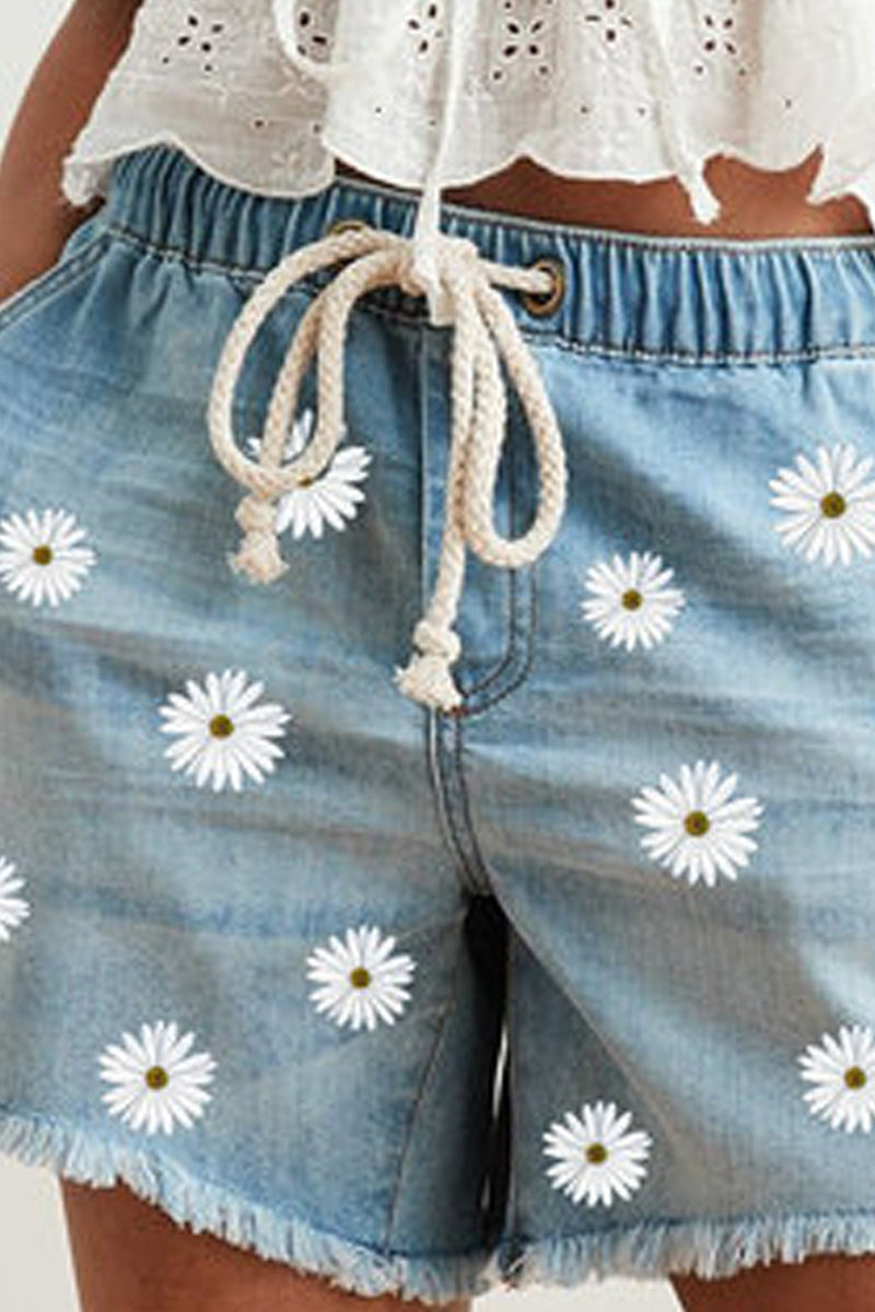 Antmvs Denim Floral Printed Drawstring Waist Shorts