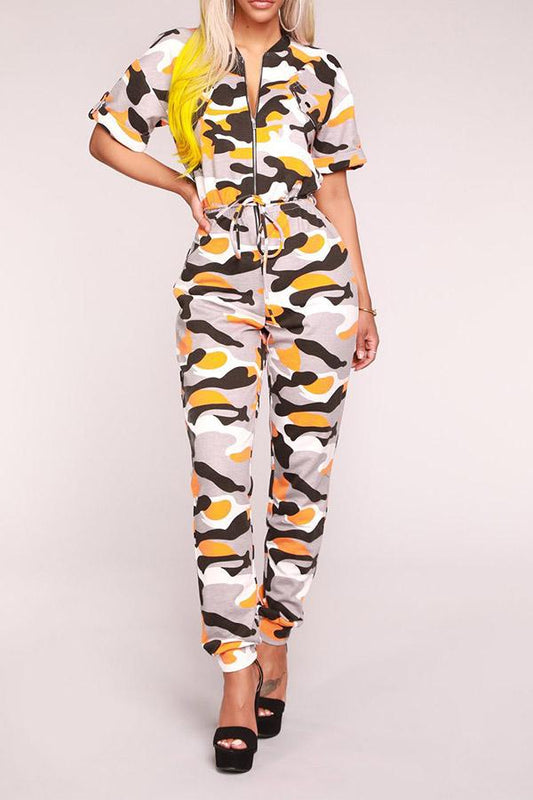 Antmvs Camouflage Printed Short Sleeve Zipper Jumpsuit