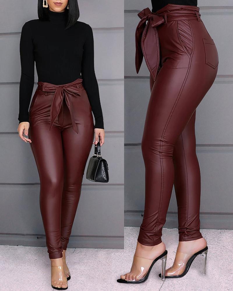 Antmvs Paperbag Waist Faux Leather Pants