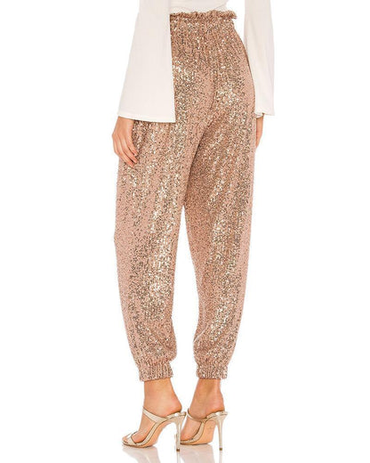 Antmvs Glitter Drawstring Design Sequins Cuffed Pants