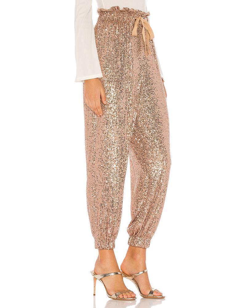 Antmvs Glitter Drawstring Design Sequins Cuffed Pants