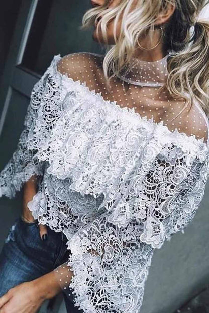 Mesh Stitching Irregular Lace Hollow Tops