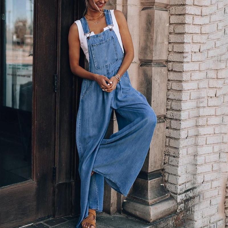 Antmvs Denim Wide Leg Suspenders Jumpsuit