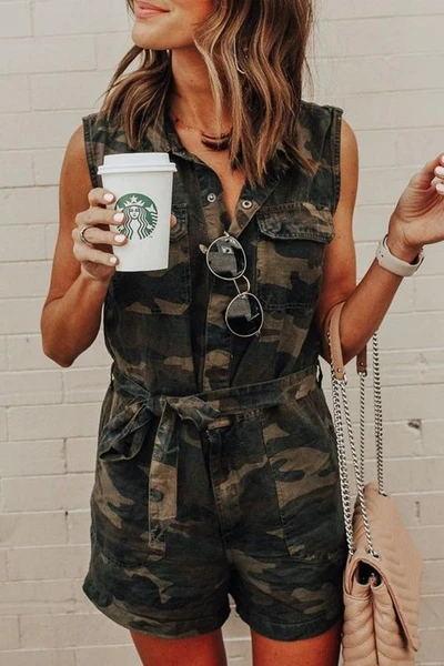 Antmvs Denim Camouflage Print V-Neck Romper(With Belt)