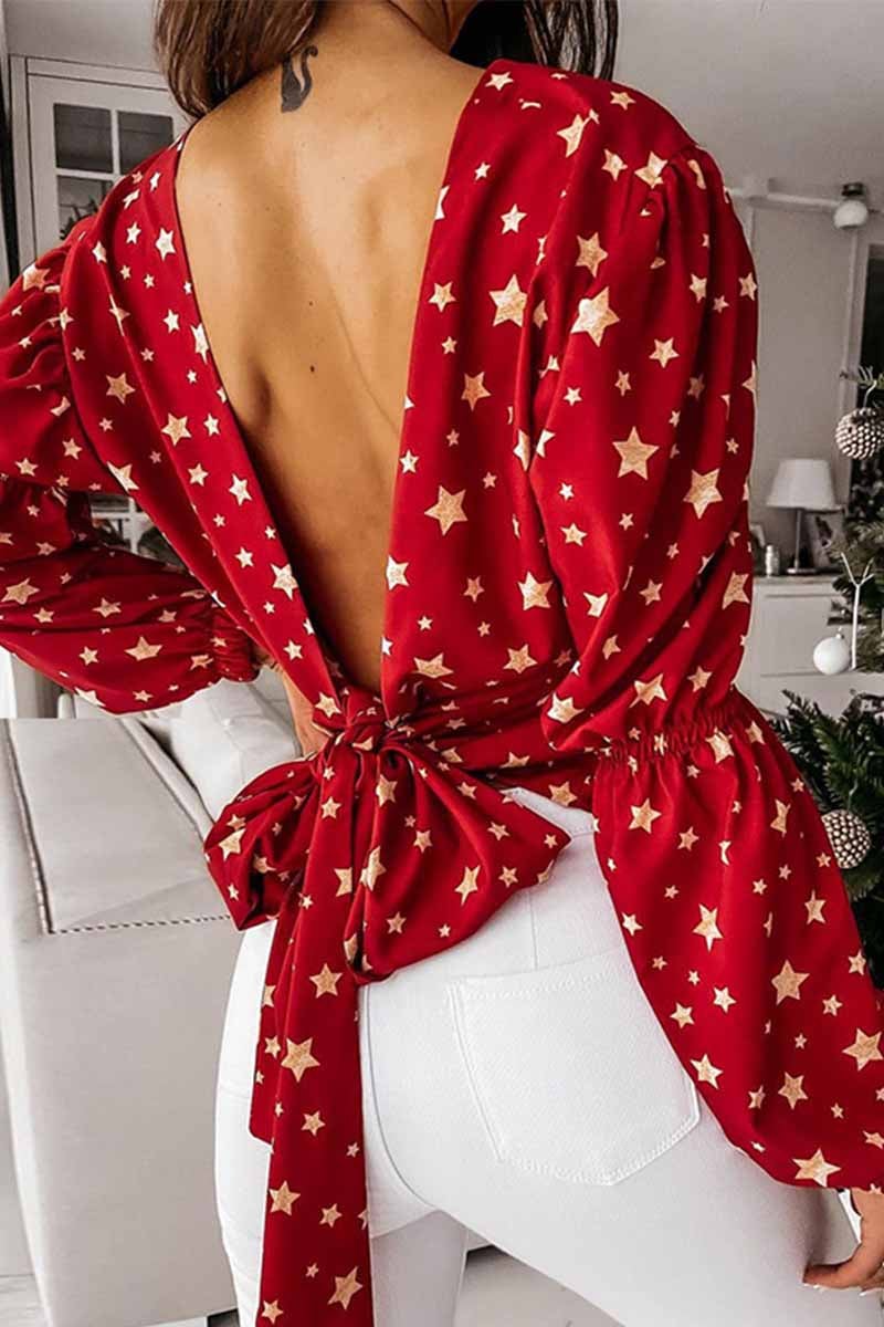 Loose Solid Color Long Sleeve Open Back Small Broken Star Print Tops