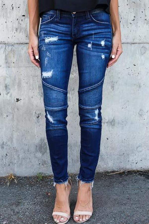 Antmvs Regular Waist Solid Color Skinny Fit Hole Jeans