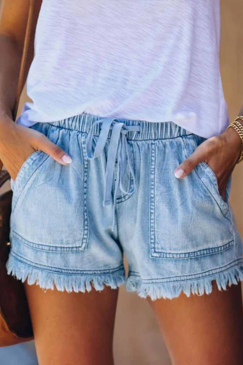 Antmvs Lace-up Fringed Thin Denim Shorts