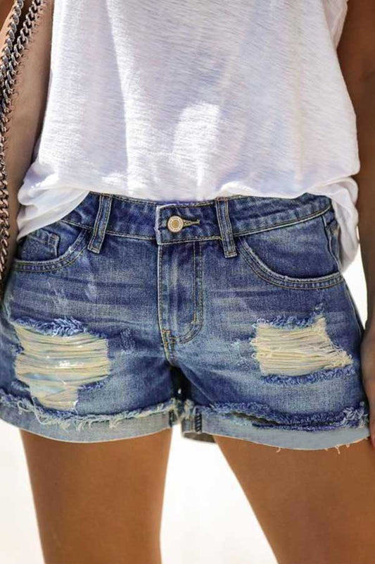 Antmvs Ripped Fringed Dolid Color Regular Shorts