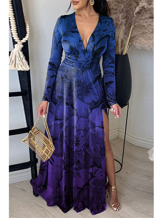 Printed Neck Pleated Elegant Slit V-Neck Maxi Dress