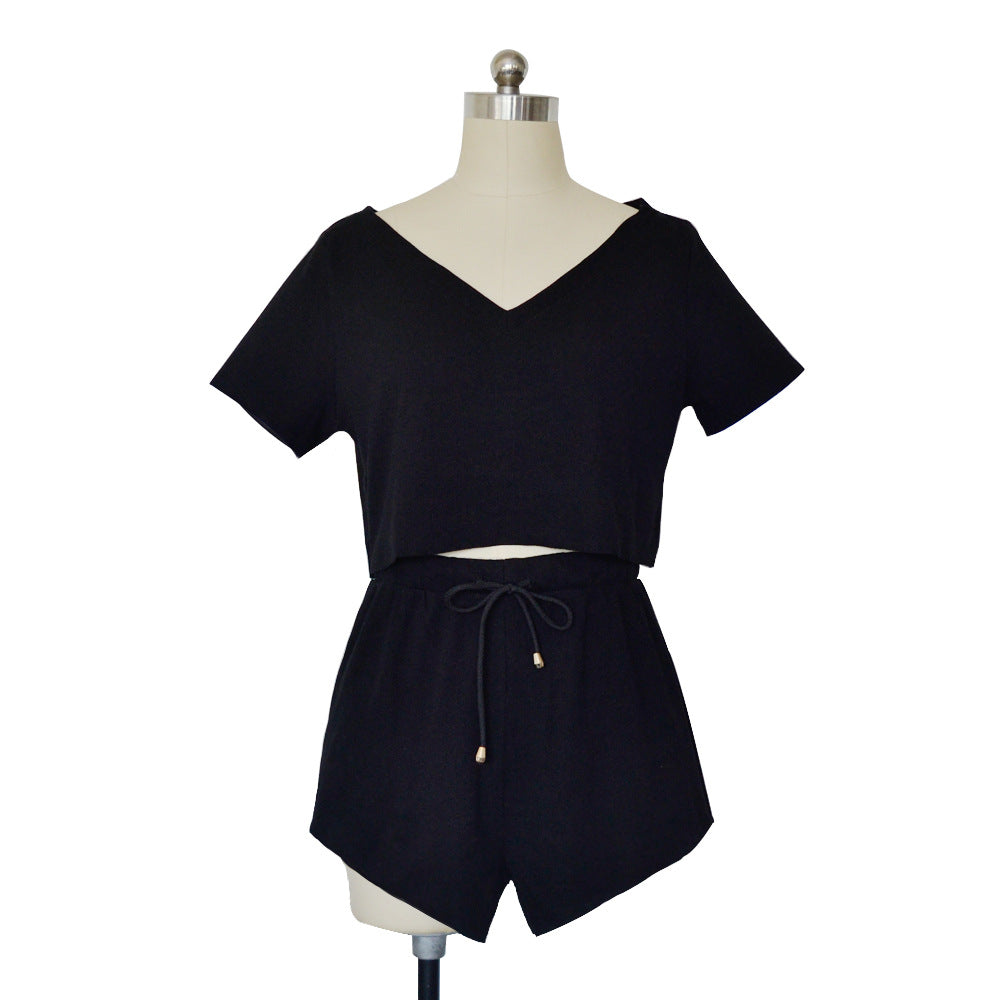 Antmvs Solid Black Knit Crop Top and Shorts Matching Sets