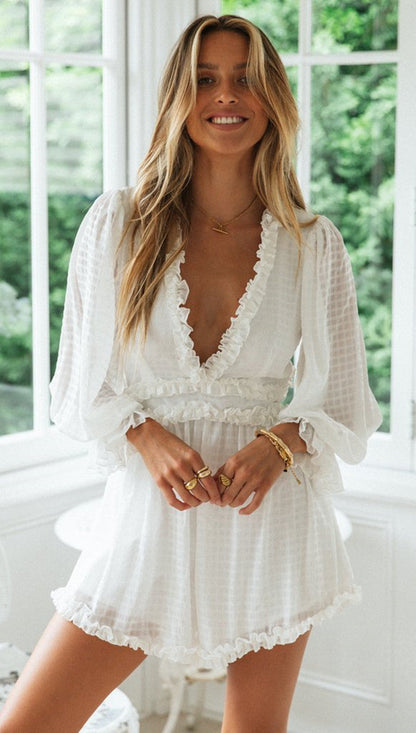 Antmvs White Plunging Long Sleeve Rompers