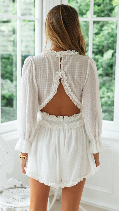 Antmvs White Plunging Long Sleeve Rompers