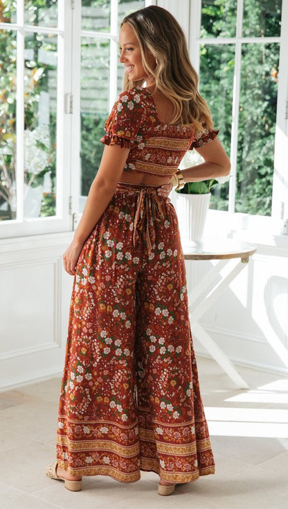 Antmvs Coffee Floral Crop Top and Pants Matching Sets