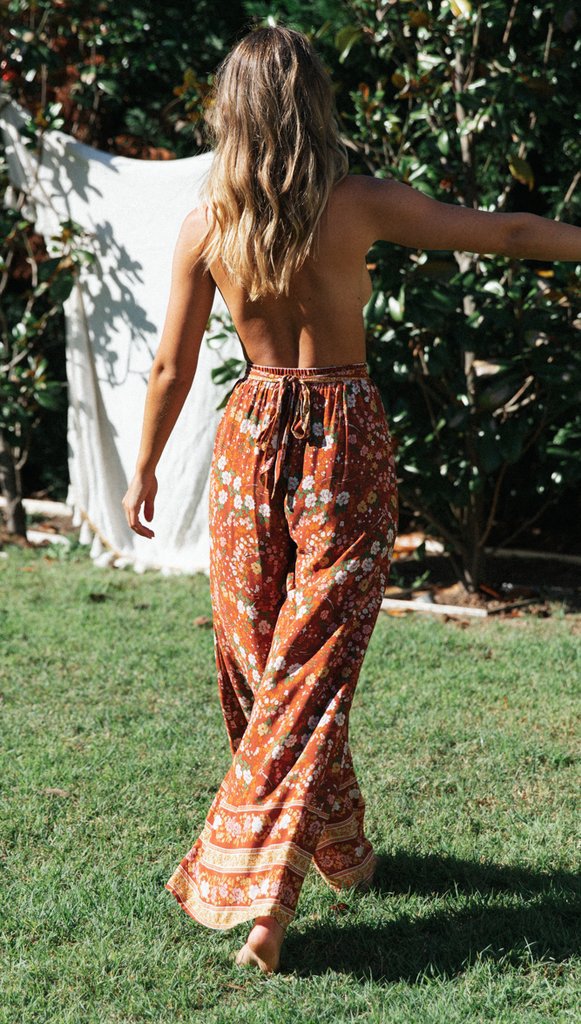 Antmvs Coffee Floral Crop Top and Pants Matching Sets