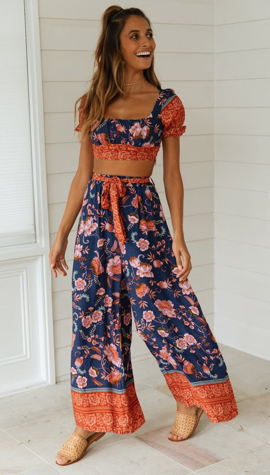 Antmvs Navy Floral Crop Top and Pants Matching Sets