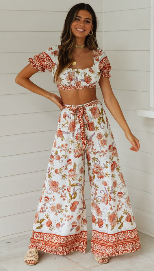 Antmvs White Floral Crop Top and Pants Matching Sets