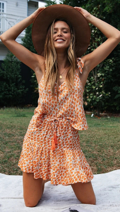 Antmvs Orange Floral Tank and Skirt Matching Sets