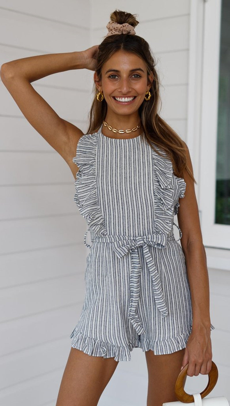 Antmvs Navy Striped Backless Rompers