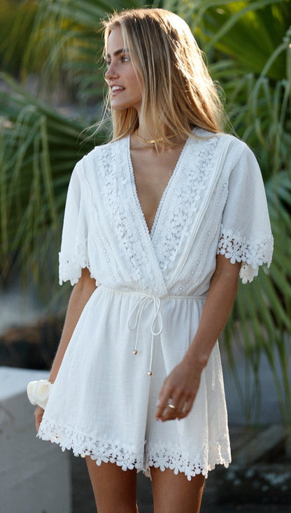 Antmvs White Patched Lace Waist-Tie Rompers