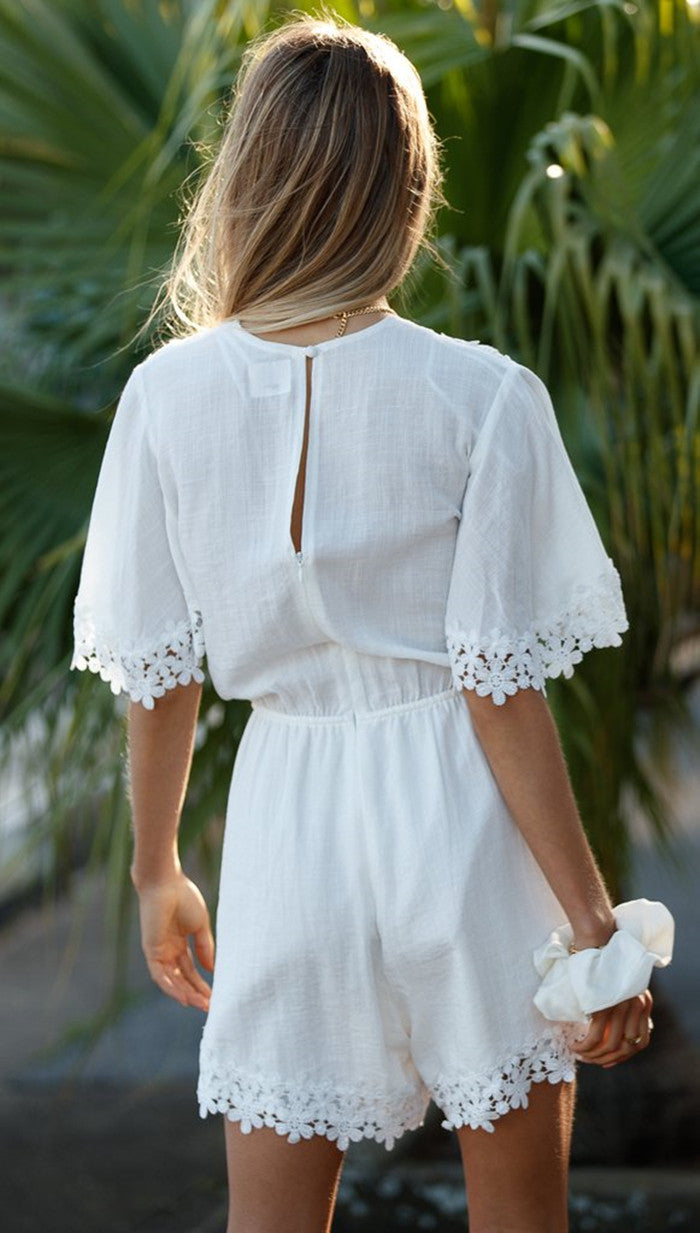 Antmvs White Patched Lace Waist-Tie Rompers