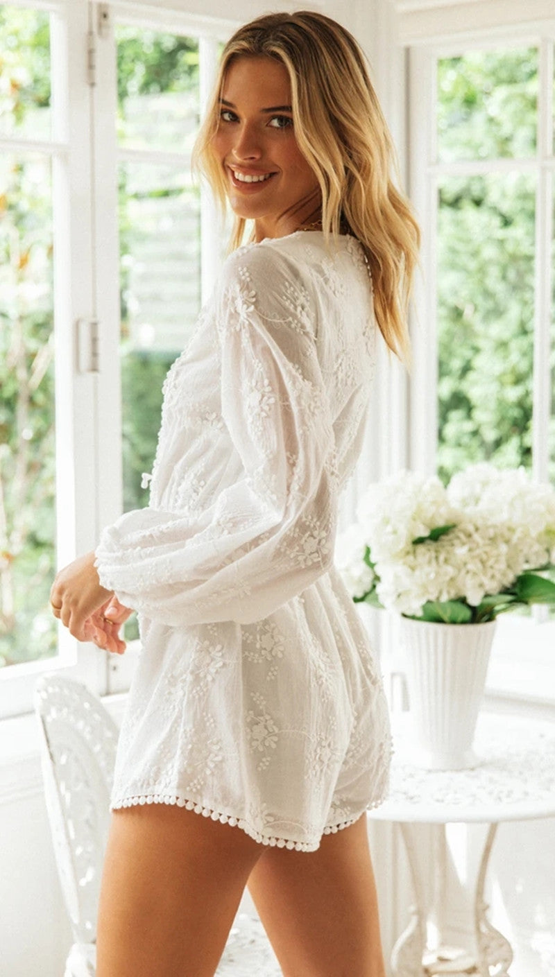Antmvs White Crochet Lace Long Sleeves Rompers