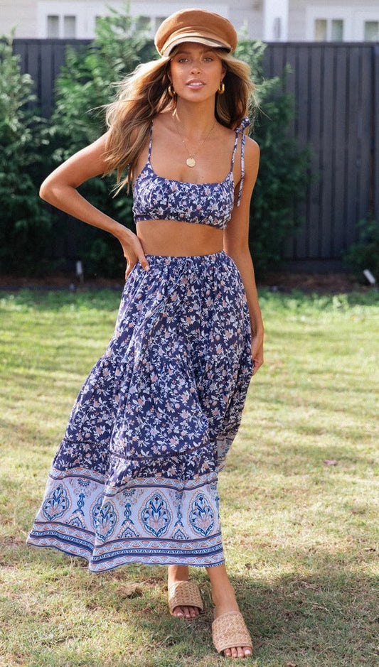 Antmvs Navy Floral Cami Top and Skirt Matching Sets