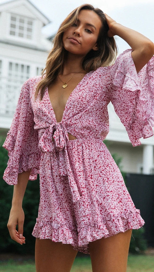 Antmvs Pink Floral Knot Flare Rompers