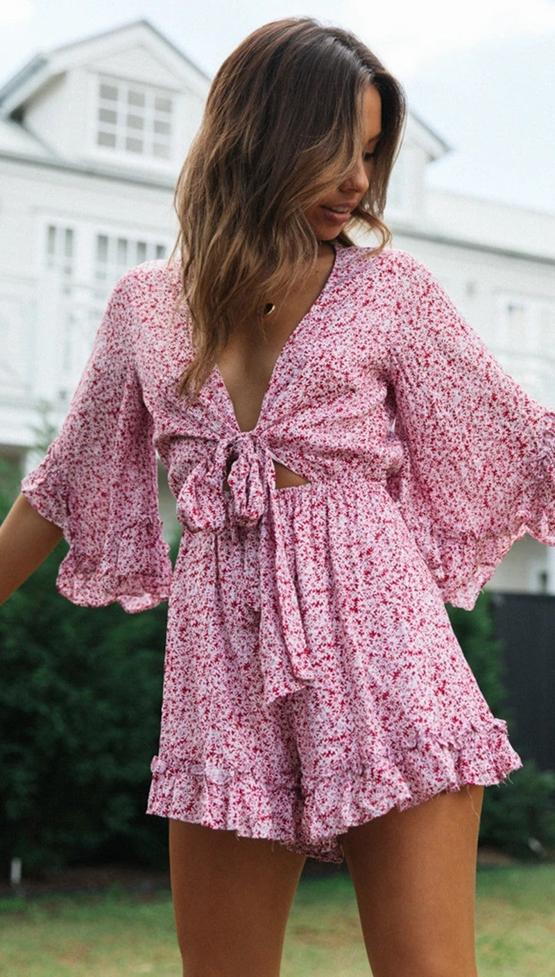 Antmvs Pink Floral Knot Flare Rompers