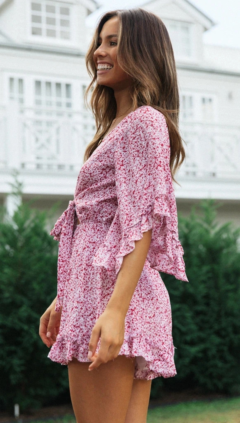 Antmvs Pink Floral Knot Flare Rompers