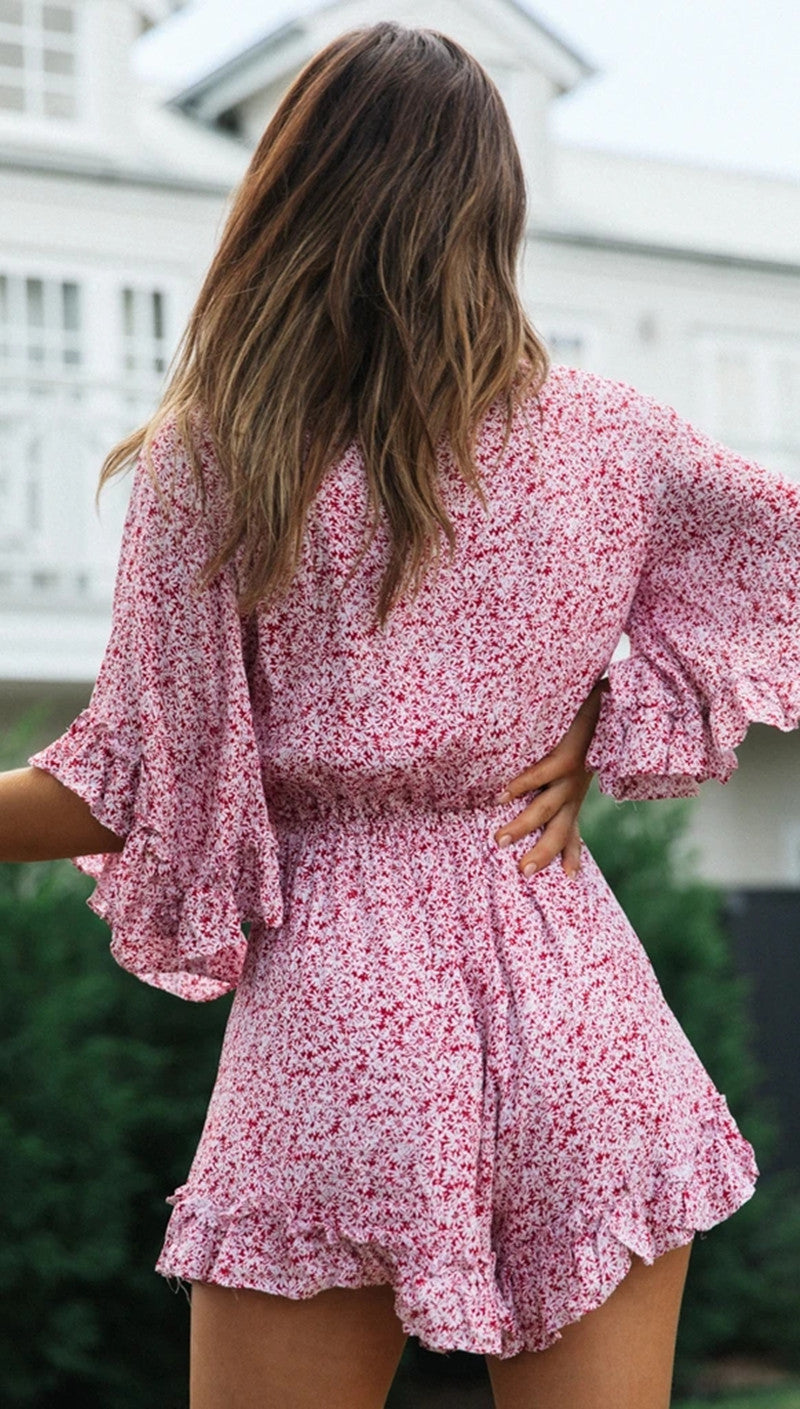 Antmvs Pink Floral Knot Flare Rompers