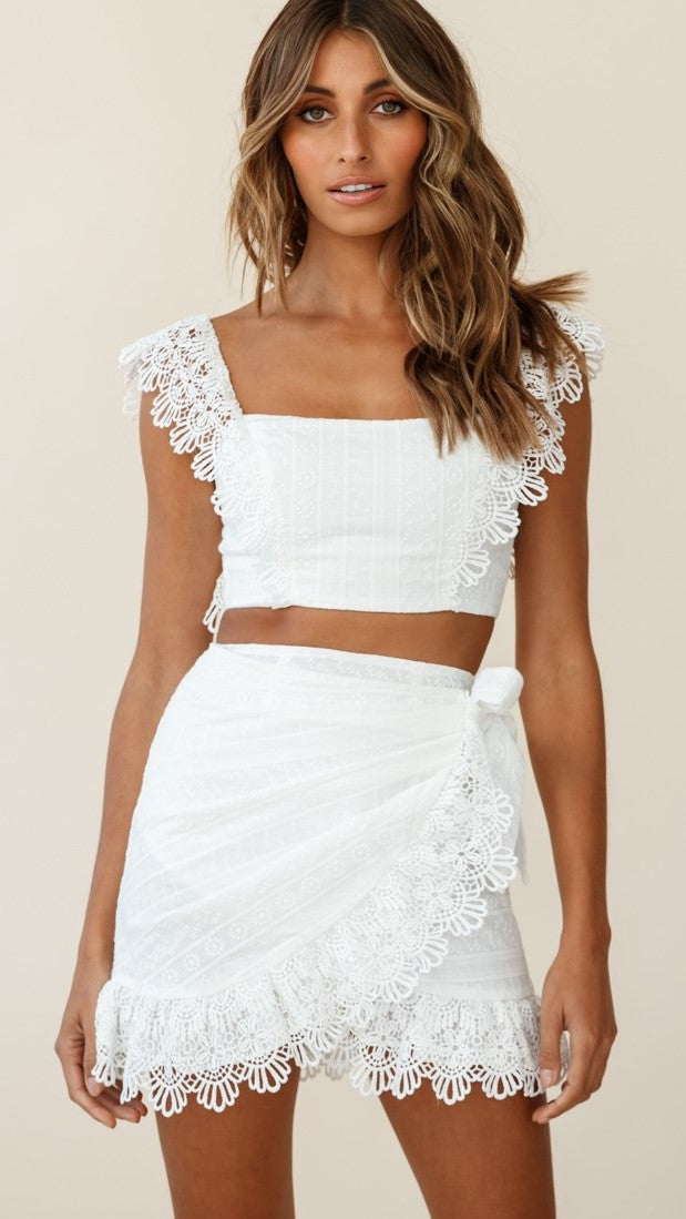Antmvs White Sonnet Lace Crop Top and Skirt Sets