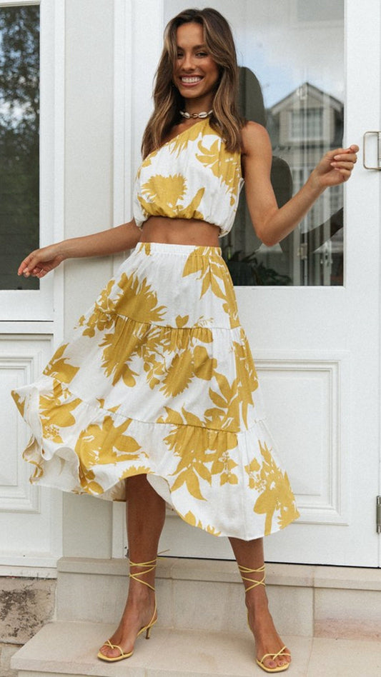 Antmvs Yellow Floral Top and Skirt Matching Sets