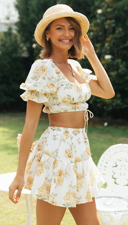 Antmvs Yellow Floral Crop Top and Skirt Sets