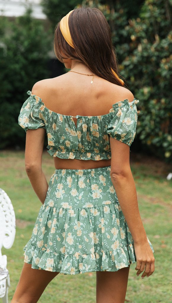 Antmvs Green Floral Crop Top and Skirt Sets