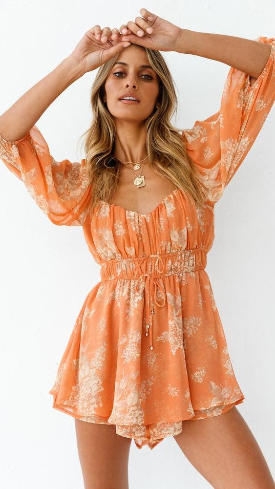 Antmvs Orange Floral Withdraw Waist Romper