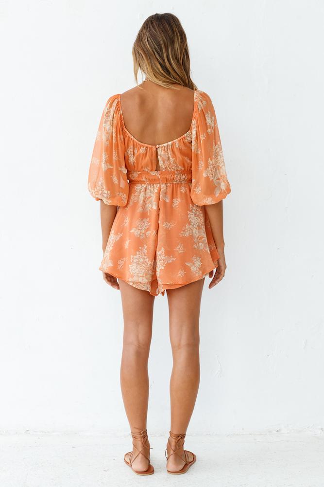 Antmvs Orange Floral Withdraw Waist Romper