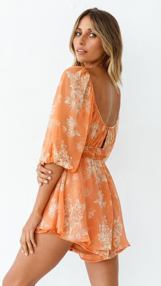Antmvs Orange Floral Withdraw Waist Romper