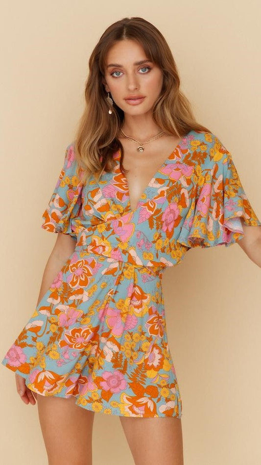 Antmvs Retro Floral Waist Tie Romper