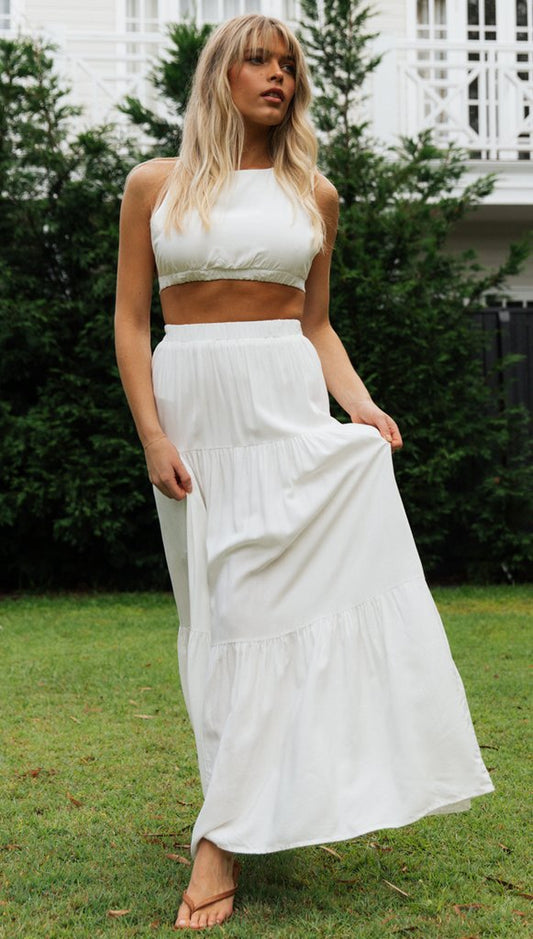 Antmvs White Crossover Back Top Maxi Skirt Sets