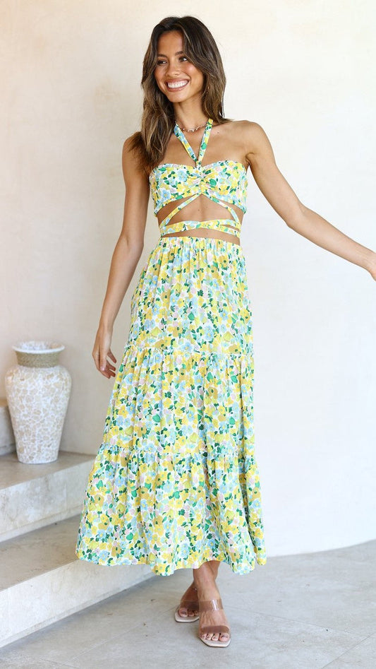 Antmvs Yellow Floral Halter Top Maxi Skirt Sets